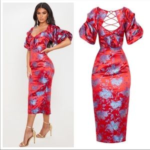 Red Floral Jacquard Lace Up Back Midi Dress Sz 6